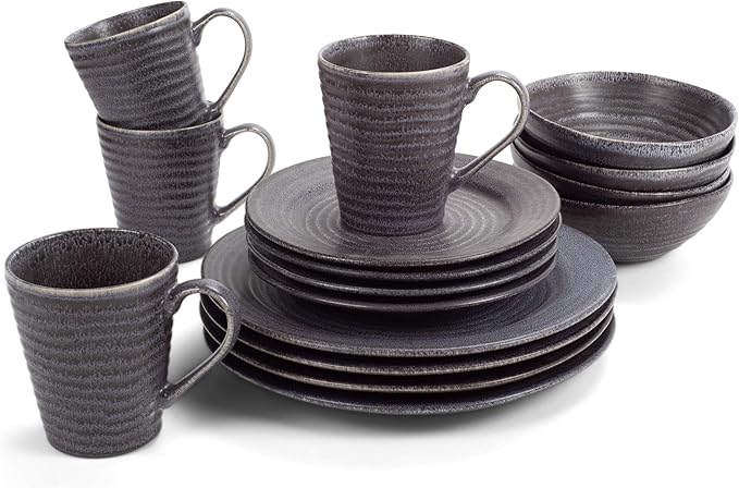 Elanze Designs Charming Chic Ribbed Modern Thrown Pottery Look Ceramic Stoneware Plate Platter Mug & Bowl Kitchen Dish Dinnerware 16 Piece Set - Service for 4, Charcoal Grey