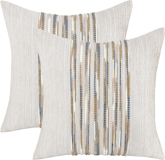 Tosleo Decorative Throw Pillow Covers 18x18 inch Set of 2 Boho Chenille Tufted Pillow Cover Textured Pillow Covers Striped Pillow Cases Accent Pillow Cases Farmhouse Cushion Case,Yellow and Blue