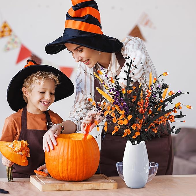 Sggvecsy 6 Pcs Artificial Halloween Stem with Berries Teeth Black Orange Leaves Faux Picks Decorative Twigs for Flower Arrangemant Table Centerpiece Halloween DIY Crafts Festival Home Decoration