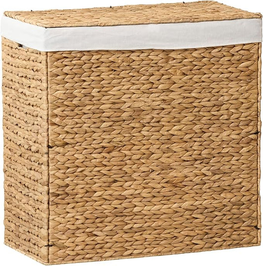 Woven Laundry Basket with Lid - Large Wicker Hamper with Lid for Clothes Storage - Round Rattan Laundry Hamper - Water Hyacinth Storage Basket with Lid (Natural Brown, 24x12.8x24 in)