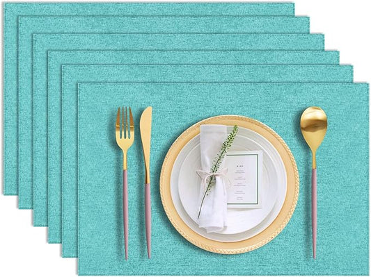 Cloth Placemats Set of 6, Cotton Linen Blend Machine Washable Durable Linen Table Mats, Heat Resistant Placemats Wrinkle Free Place Mats for Dining Table, Easy to Clean (Teal, 6)