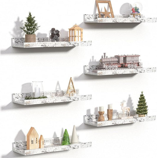 upsimples Floating Shelves for Wall, Wall Shelves for Decor Storage Set of 6, Wall Mounted Wood Shelves for Bedroom, Living Room, Bathroom, Kitchen, Picture Ledge Shelves, Rustic White