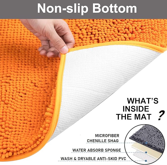 VAGAU Bathroom Rugs 2 Pieces Chenille Bath Rug Mat, Extra Thick and Soft Absorbent Bath Rugs, Machine Washable, Non-Slip Plush Bath Mats for Tub, Shower, and Bath Room (Orange)