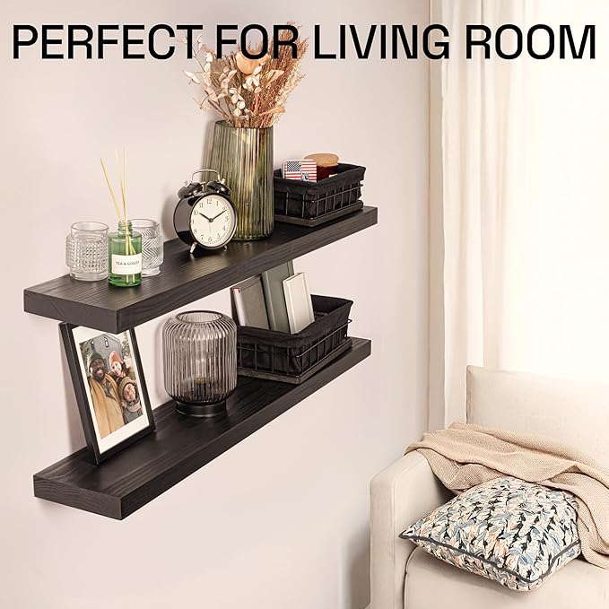 BAOBAB WORKSHOP Wood Floating Shelves for Bathroom Wall - Solid Wood Shelf 36 inch - Long Floating Shelves for Wall for Bedroom Kitchen Living Room - Black Shelves - 36 x 6.7 Inch, Set of 2