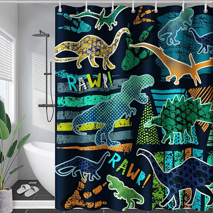 AILONEN Boys Dinosaur Shower Curtain 36" W*72" H for Bathroom,Cartoon Dinosaur Bathroom Shower for Kids Boys,Retro Blue Dinosaur Print Bath Curtain Polyester Waterproof Bathroom Curtain with Hooks