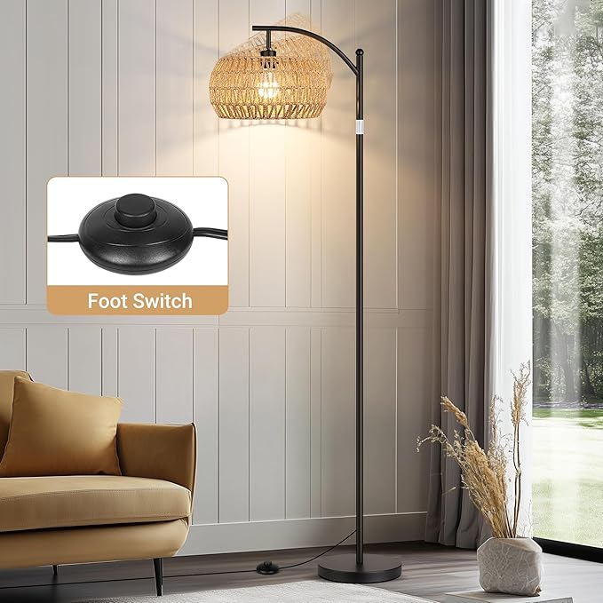 ROTTOGOON Boho Floor Lamp with Dimmable Bulb, Rattan Shade, Boho Standing Tall Lamps with Foot Switch, Black Bohemian Floor Lamps for Living Room, Bedroom, Office