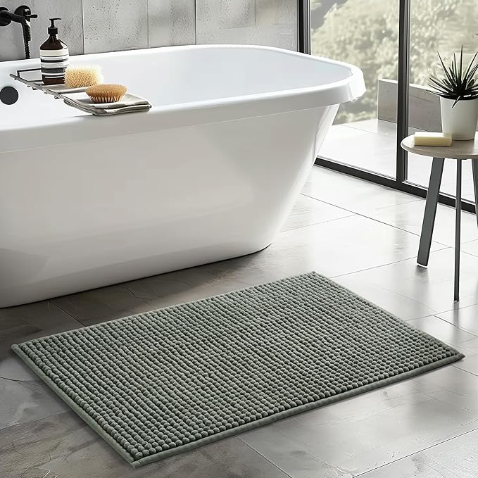 FRESHMINT Thick Chunky Chenille Bathroom Rugs 24"x36", Non Slip Bath Mat, Large Soft Bathroom Decor, Cute Shower Mat Water Absorbent, Washable, Sage Green