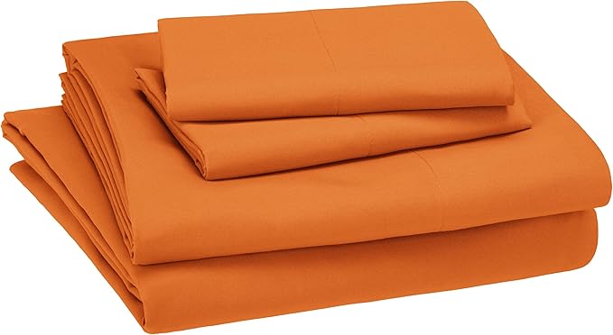 Amazon Basics Kid's Soft Easy-Wash Lightweight Microfiber 4-Piece Sheet Set, Solid, Full, Bright Orange