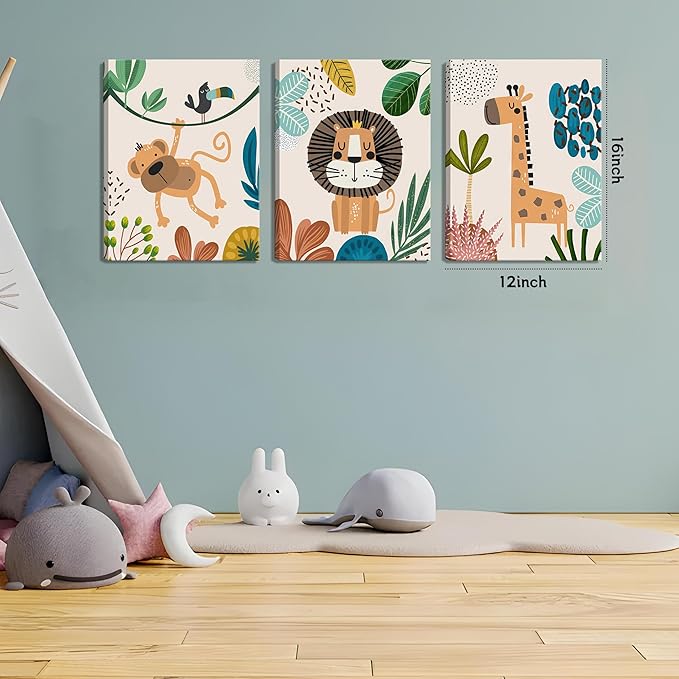 AKWISH Nursery Wall Decor Set of 3, Safari Canvas Wall Art Animals Paintings Prints, Boy Girl Kids Room Wall Decor for Shower Theme Decorations Baby Children's Room Bedroom 12x16 inch Framed