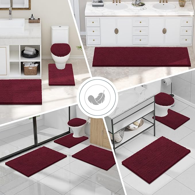 Smiry Luxury Chenille Bathroom Rugs 40x32, Extra Soft and Absorbent Shaggy Bath Mat, Machine Washable, Non-Slip Plush Carpet Runner for Tub, Shower, and Floor, Home Decor Accessories, Burgundy