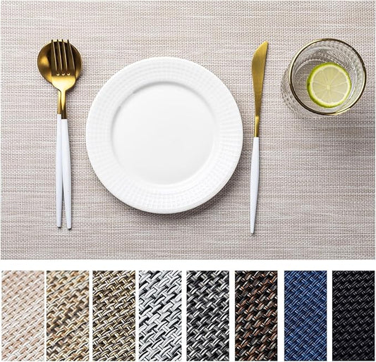 LEXMORE PVC Woven Placemats 4 PCS Wipeable Indoor/Outdoor Table Mats Washable Vinyl Place Mats for Dining Table, Set of 4-Beige