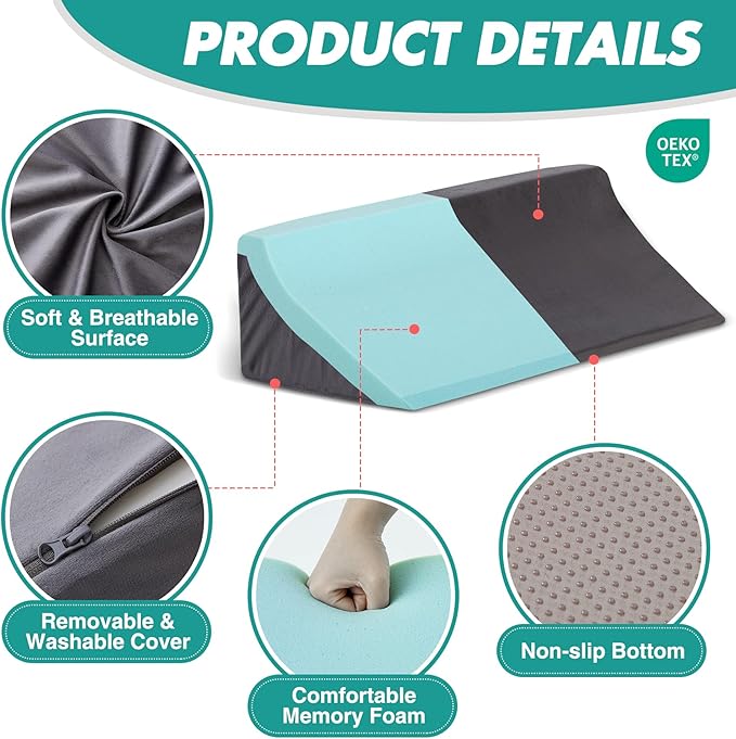 Wedge Pillow for Side Sleeping, Bed Wedge& Body Positioners, Back Pillow for Pregnancy, Back Pain, Leg Elevation and Side Sleepers, Memory Foam Body Pillow, Anti-Slip Base, Short Plush