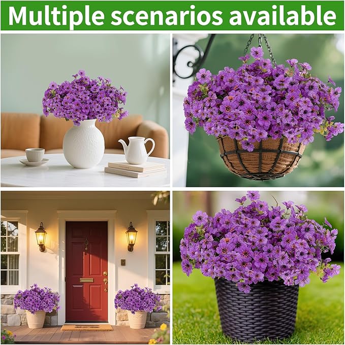 Artificial Flowers Outdoor, Faux Silk Flowers Plastic Plants for Outdoors Indoor Outside Front Porch Hanging Planter Window Box Garden Home Decoration, 14 Bundles(Purple)