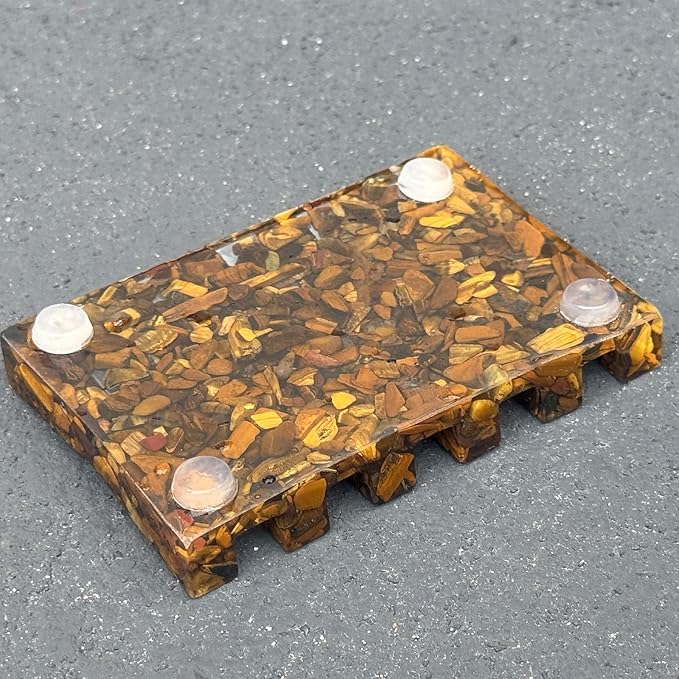 Handmade Tiger Eye Stone Rectangle Bar Soap Holder with Drainage Function, Crystal Dish for Shower and Bathroom Decor, Natural Soap Tray to Keep The Soap Dry Resin Kitchen Decoration (Tiger Eye)