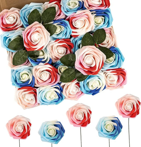N&T NIETING Artificial Flowers Roses, 25Pcs Whimsical Blue Fake Foam Roses with Stems for DIY Wedding Bouquets Baby Shower Centerpieces Floral Arrangements Party Home Decor