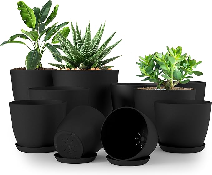 Utopia Home - Plant Pots Indoor with Drainage - 7/6.6/6/5.3/4.8 Inches Home Decor Flower Pots - Pack of 10 Plastic Planters for Indoor Plants, Cactus, Succulents Pot - Black