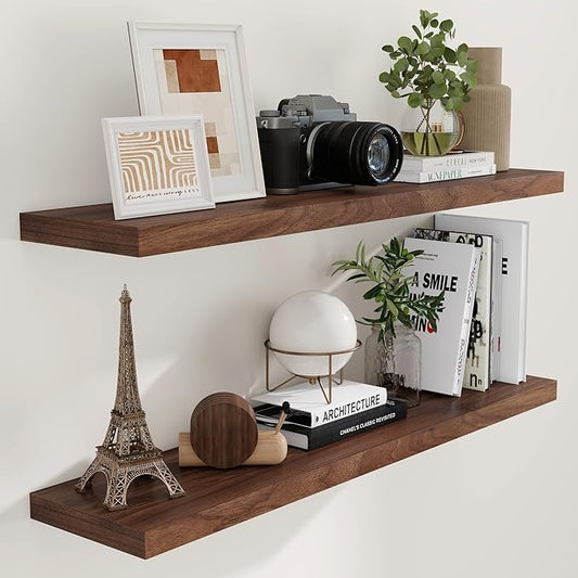 48"W x 9"D Floating Shelves Set of 2, 9.3 Inch Deep Floating Shelves Wall Mounted, Wide Wall Shelves Invisible Bracket, Deep Storage Shelves for Living Room, Bathroom, Kitchen, Walnut Color
