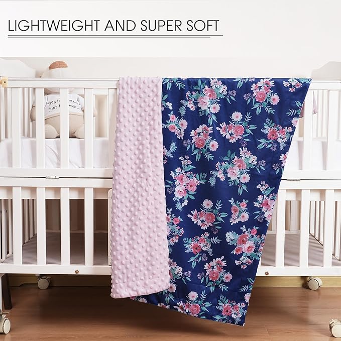 Minky Baby Blanket for Girls, Soft Lightweight Micro Fleece Blanket with Double Layer, Dotted Backing, Breathable Receiving Blanket for Newborns, 30x40 Inches, Navy Floral