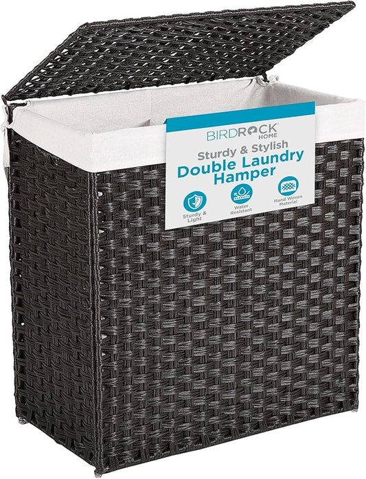 BIRDROCK HOME Laundry Hamper with Lid - Hand Woven PE Rattan Divided Sorter with Removable Liner Bags - Large Collapsible & Foldable Bin Clothes Basket Organizer for Bedroom & Bathroom - Double, Brown
