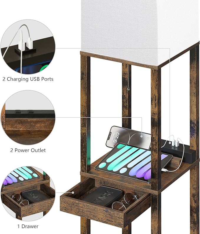 SUNMORY Floor Lamp with Shelves, Modern Dimmable Standing Lamp with Drawer & 2 USB Ports & 2 Power Outlet, Corner Tall Shelf Lamp for Living Room and Bedroom (Rustic Browm)
