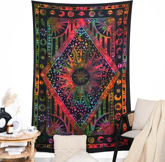 RAJRANG Sun and Moon Tapestry - 50x60 Inches Orange-Multi Cotton Indian Hippie Mandala Psychedelic Burning Sun Wall Hanging Bohemian Bedspread Trippy Celestial Zodiac Tapestries for Bedroom Decor