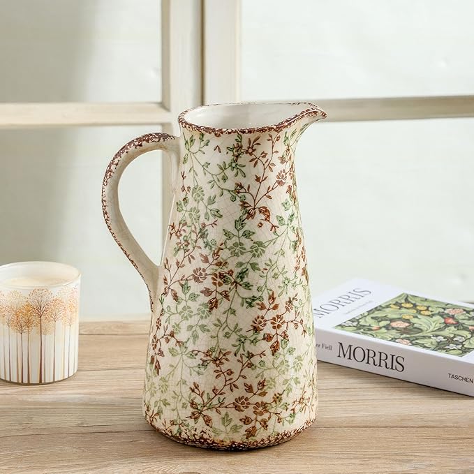 Enra Pitcher vase with Handle,12.2 in Ceramic Vintage Chinoiserie Floral Vase,Green and Beige Decorative Flower vase,Large Rustic Vases for Home Decors, Living Room, Bookshelf, Office