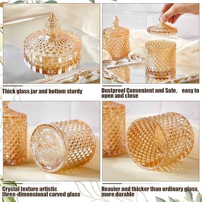 Aoriher 4 Pcs Crystal Glass Candy Jar Set with Lids Home Decorative Storage Jars for Apothecary, Bathroom, Kitchen, and Pantry, Ideal for Cotton Swabs and Jewelry(Medium,Amber)