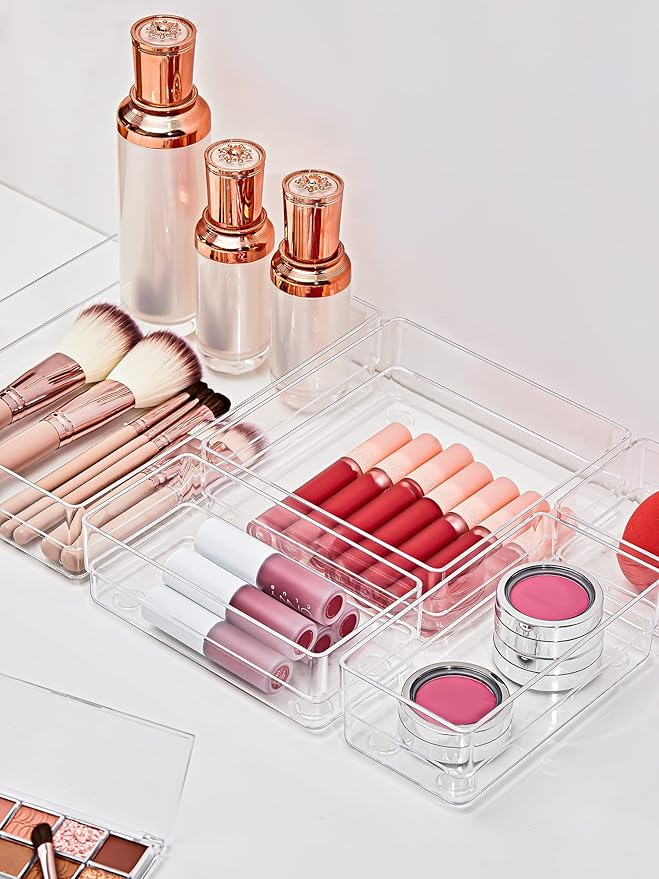 SMARTAKE 7-Piece Drawer Organizer with Non-Slip Silicone Pads, 4-Size Desk Drawer Organizer Trays Storage Tray for Makeup, Jewelries, Utensils in Bedroom Dresser, Office and Kitchen (Clear)