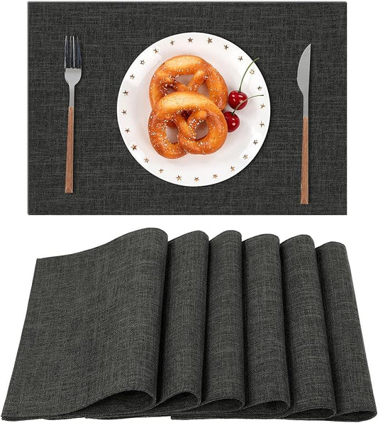 SHACOS Washable Woven Fabric Placemats Set of 6 Heat Resistant Place Mats Non Slip Thick Cloth Placemats Reversible Table Mats Indoor Outdoor Home Wedding Table Decor, Black