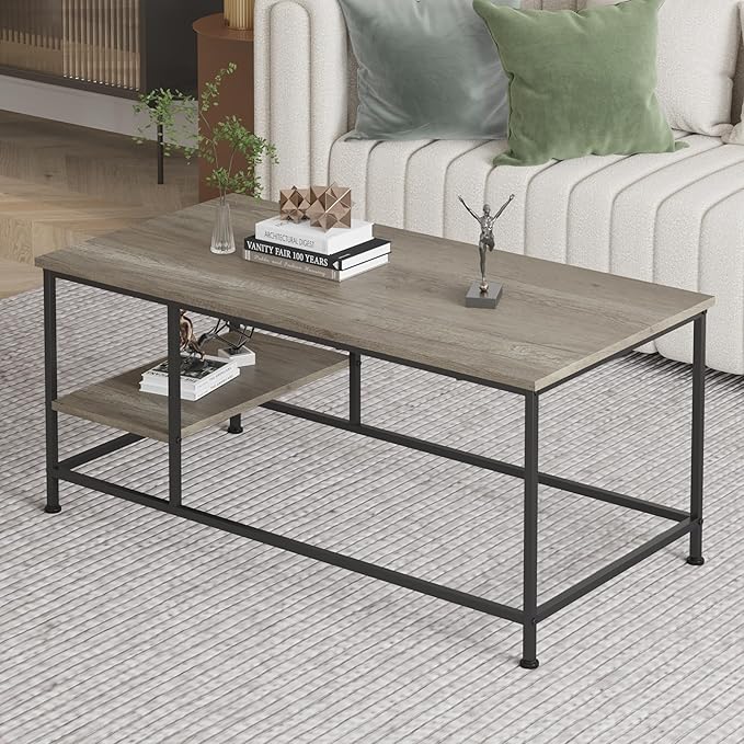 SENIG Grey Oak Rectangle Wood and Metal Coffee Table with Storage Shelf for Small Living Rooms with Shelf