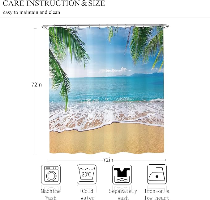 Ocean Beach Shower Curtain 72x72 Summer Seaside Bath Curtain Set Island Nature Scene Palm Tree Tropical Bathroom Decor Relax Nautical Coastal Shower Curtain