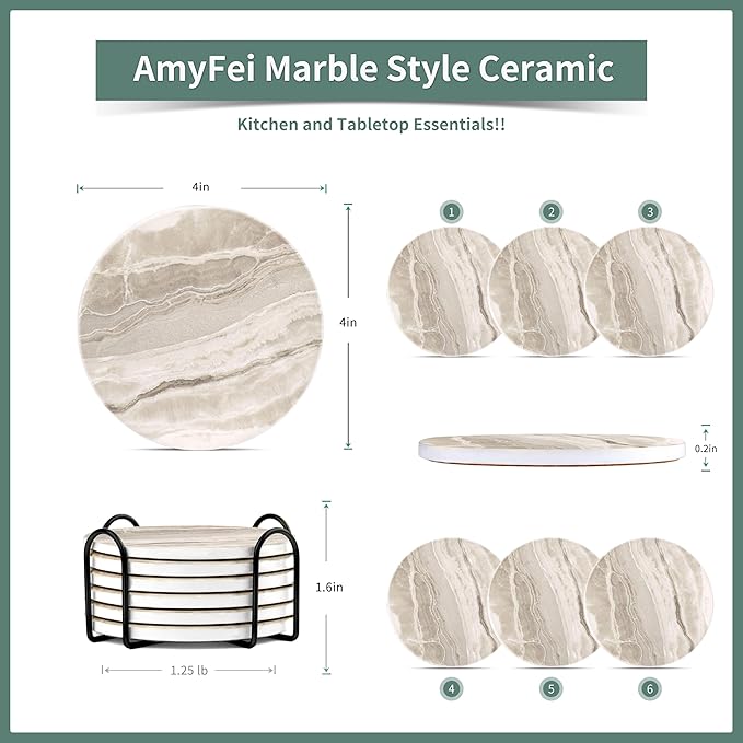 Marble Coasters for Coffee Table, Set of 6 with Holder, Ink&Wash Painting on White Absorbent Ceramic, 4 Inches