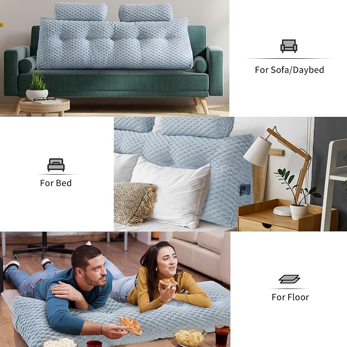 Wedge Headboard Pillow - Bed Wedge Pillow for Headboard Triangular Headboard Pillow with Neck Roll Pillow-Large Bolster Pillow for Sitting in Bed Backrest Positioning Support (Blue,76x8x20 Inches)