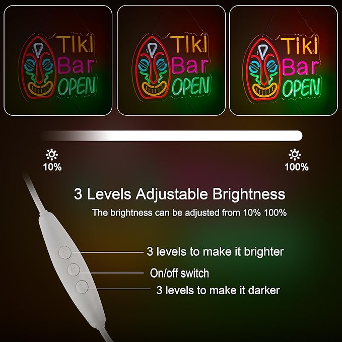Tiki Bar Open Neon Sign for Wall Décor with Dimmable Switch LED Neon Signs Art Decor Light