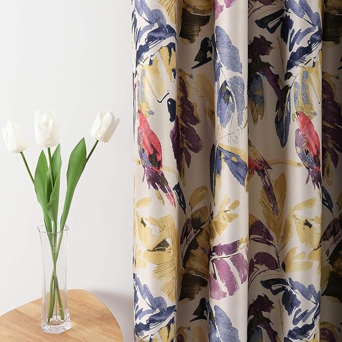 Leeva Purple Curtains for Sliding Door, Tropical Style Leaves Macaw Printing Blackout Window Treatment, Decor Grommet Drapes for Living Room, 1 Piece, 100 x 84