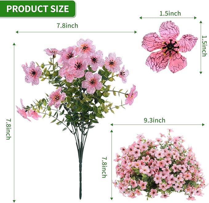 Artificial Flowers Outdoor, Faux Silk Flowers Plastic Plants for Outdoors Indoor Outside Front Porch Hanging Planter Window Box Garden Home Decoration, 14 Bundles(Pink)