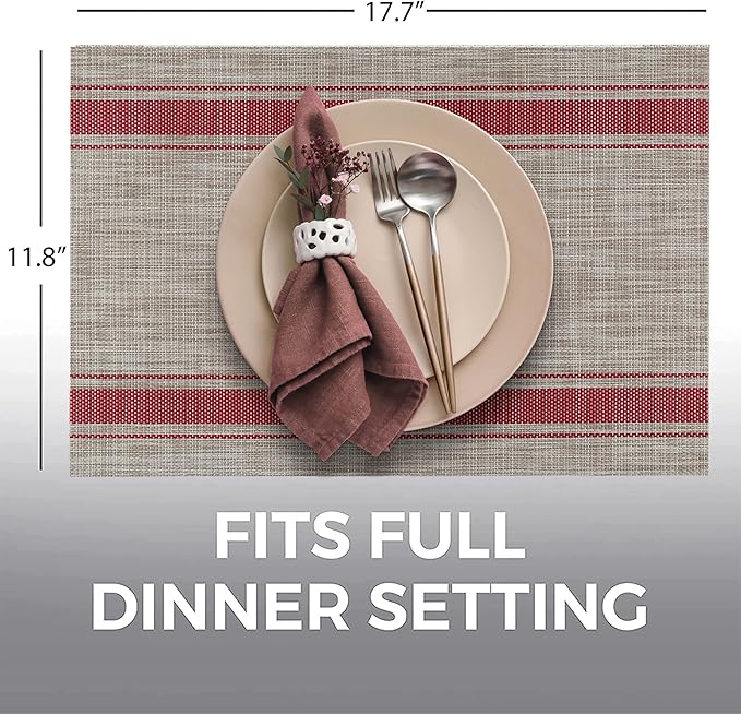 More Décor Dining Table Placemats, Washable Heat-Resistant PVC Vinyl Table Mats for Dining Room and Kitchen, Anti-Slip - Set of 4 - Horizontal Striped Red - Grey