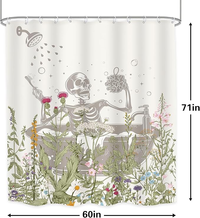 LGhtyro Funny Skull Halloween Wildflower Shower Curtain Bathroom Set 60Wx71H Inches Gothic Skeleton Floral Rustic Leaves in Bathtub Bath Accessories Spooky Cool Art Home Decor Fabric 12 Pack Hooks