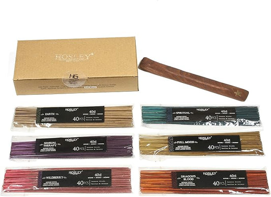 Hosley 240 Pack Assorted Highly Fragranced Incense Sticks Dragon's Blood, Earth, Full Moon, Sensual Therapy, Spiritual, Wildberry Ideal for Meditation Aromatherapy