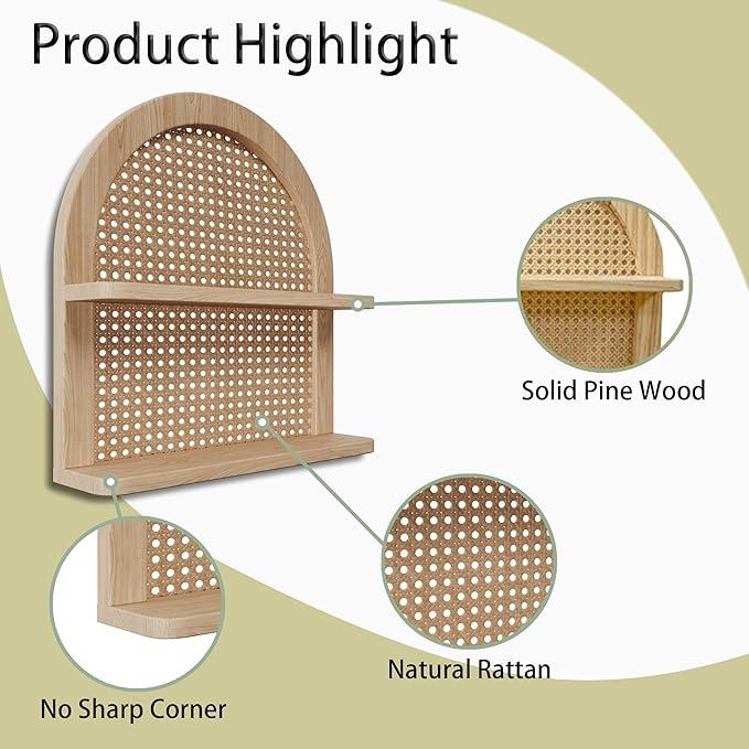 2 Tier Fan-shaped Rattan Wall Shelf, Nursery Shelf for Wall Storage, Natural Pine Wood Wicker Wall Shelf, Boho Shelf for Netural Nursery Decor, Decorative Shelf for Living Room, Bedroom & Bathroom