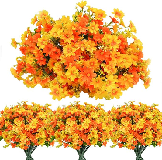 Uieke 12 Bundles Artificial Flowers for Outdoors UV Resistant Fake Daisy Mums Flowers Bulk No Fade Greenery Shrubs for Outside Home Wedding Window Box Garden Porch Fall Décor (Orange Yellow)