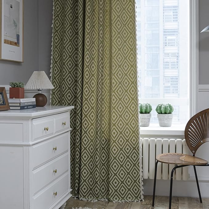ColorBird Sage Green Curtains 63 inch Length, Geometric Room Darkening Curtains for Bedroom, 2 Panels Boho Curtains for Living Room Sliding Glass Door