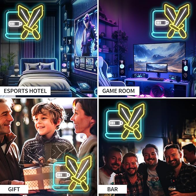 Neon Sign for Wall Decor, Gamer Neon Light for Man Cave, Crossed Swords LED Sign with Dimming Switch for Boys Kids, Teen Gaming Room, Bedroom, Bar Decor, Party Decorations, 5V USB Power Adapter