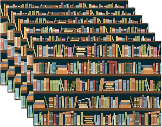 Bookshelf Placemats Set of 6,Library Book Place Mats Heat Resistant Washable Non-Slip Table Mats for Party Kitchen Dining Decor 12x18 Inch