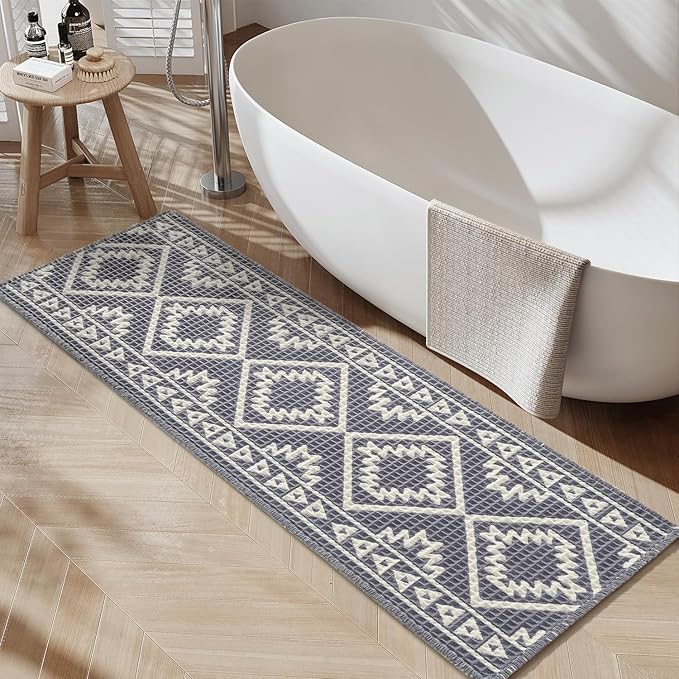 PADOOR-Waffle Bathroom Runner 24"x72", Super Absorbent Bath Mats for Bathroom, Machine Washable Non Slip Bath Rug with Tassels, Soft Bath Mat for Laundry Room, Bedroom, Grey & Cream, 2'x 6'