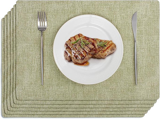 Softalker Faux Leather Placemats Set of 6-Vinyl Heat Resistant Place Mats, 100% Waterproof Oilproof Wipe Clean Table Mats for Indoor & Outdoor Use, 17’’×12’’, Grass Green