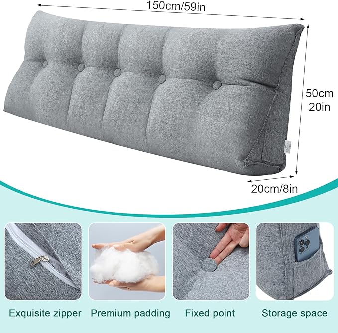 Wenqik Wedge Pillow Triangular Dorm Headboard Bed Rest Reading Backrest Back Support Long Bolster Pillow with Removable Cover for Dorm Room Supplies(Gray,Queen (59 x 20 x 8 Inch))