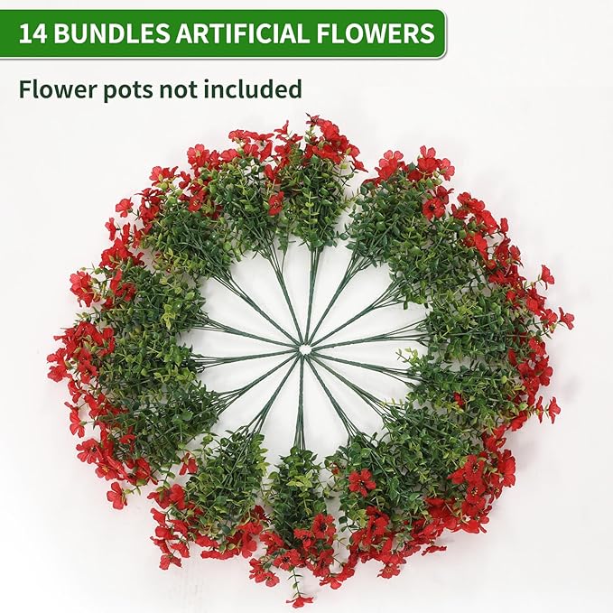 Artificial Flowers Outdoor, Faux Silk Flowers Plastic Plants for Outdoors Indoor Outside Front Porch Hanging Planter Window Box Garden Home Decoration, 14 Bundles(Red)