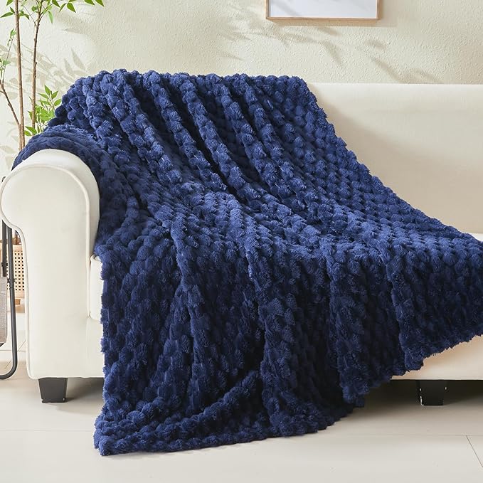 NEWCOSPLAY Super Soft Throw Blanket Dark Navy Premium Silky Flannel Fleece 3D Clouds Stylish Jacquard Lightweight Bed Blanket All Season Use 350GSM (Dark Navy, Throw(50"x60"))