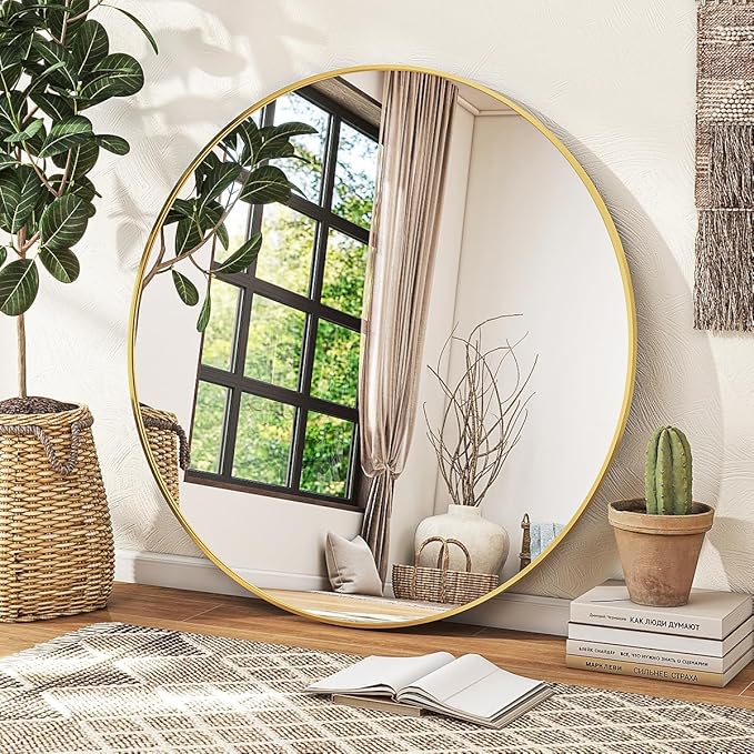 Gold Round Mirror, 42 Inch Bathroom Mirror with Metal Frame, Wall Wall-Mounted for Entryway, Bathroom, Vanity, Living Room